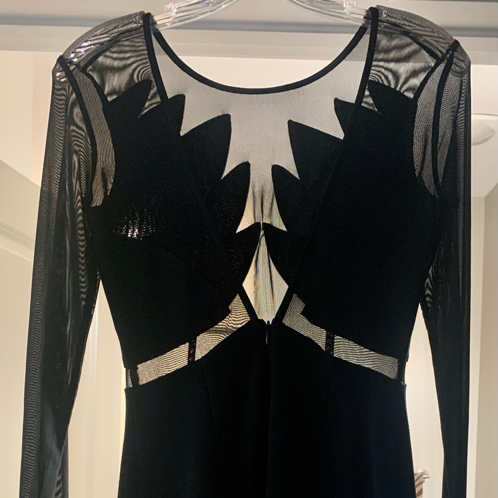 Black dress w/ long mesh sleeves and bodice! V-neck in back. 🖤